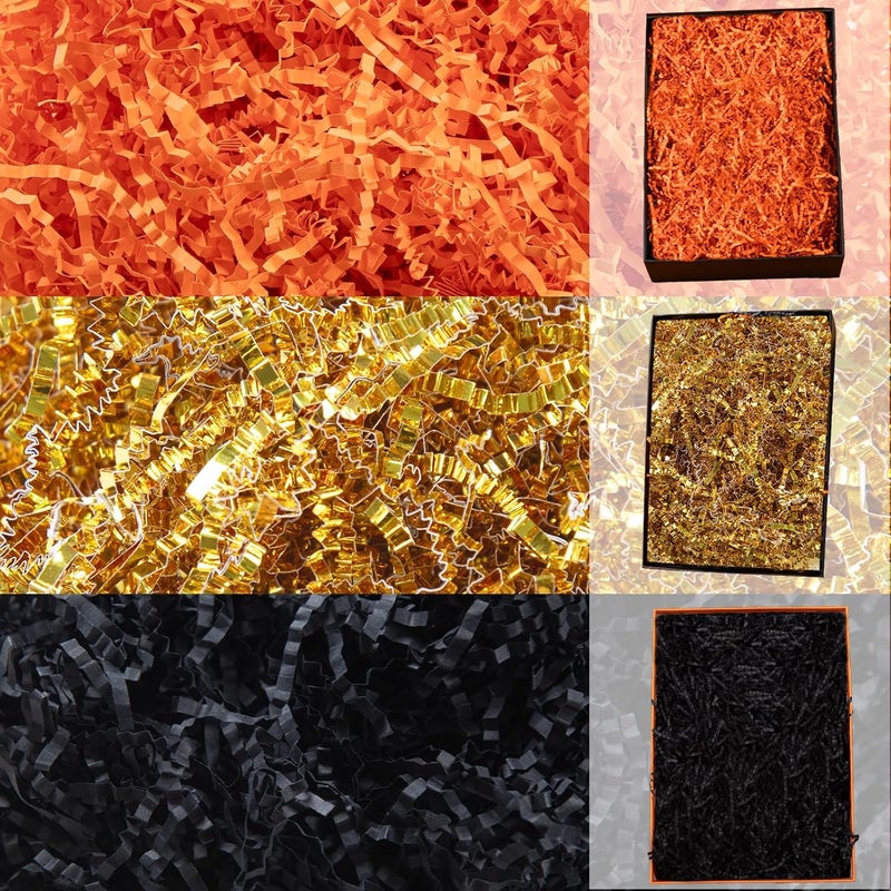 Gloreyan 3 Colors Halloween Crinkle Cut Paper Shred, Black Orange Gold Raffia Paper Sherd Filler Grass for Gift Wrapping Basket Filling Birthdays Weddings Party Supply(10.6 oz) - Image 1
